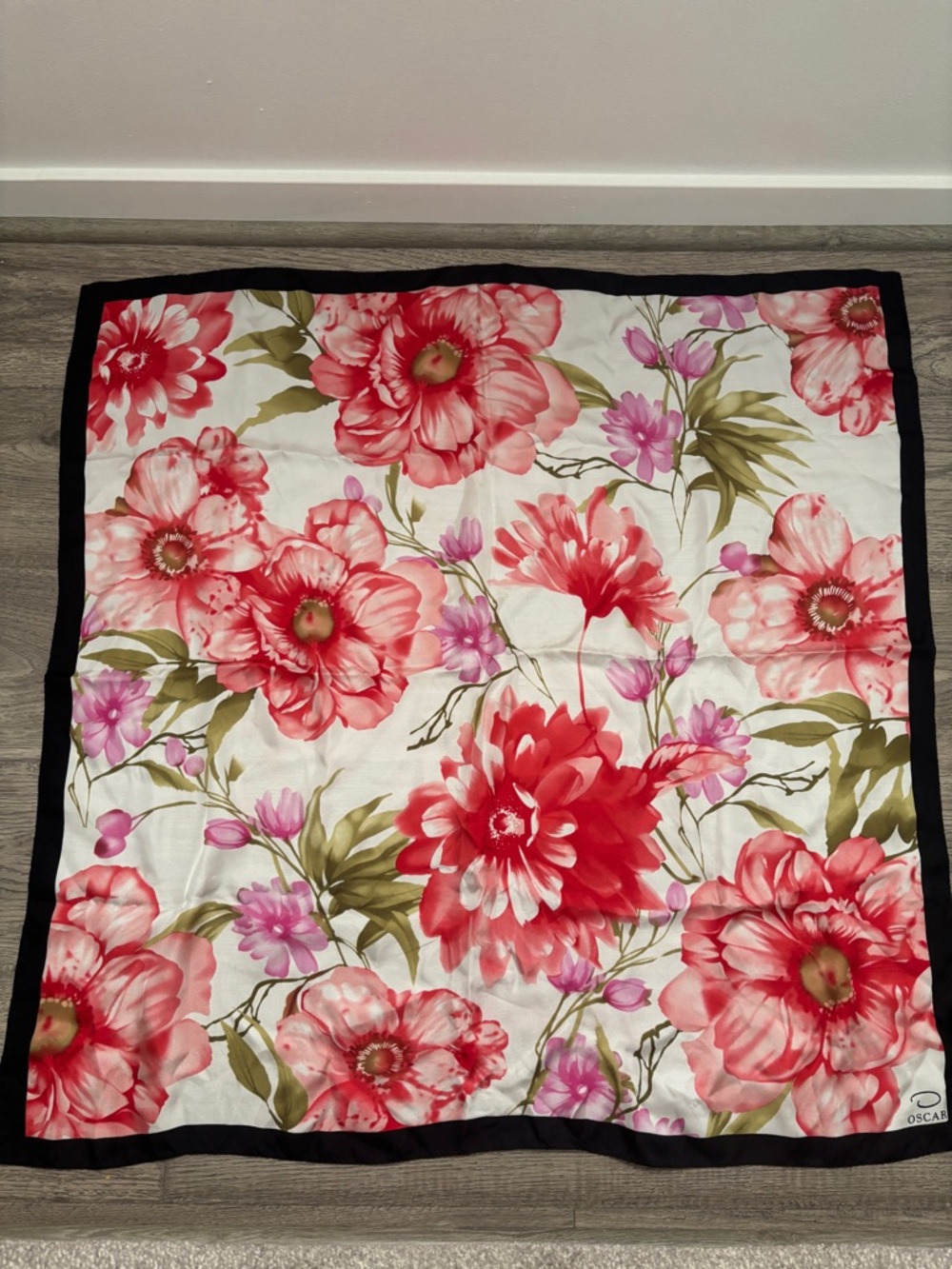 Oscar de la Renta Floral Silk Scarf in Red, Pink and Cream